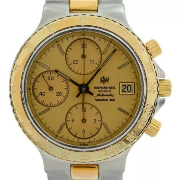 Raymond Weil 38mm Amadeus 200 Automatic Chronograph Gold Dial Watch! Ref: 7703!